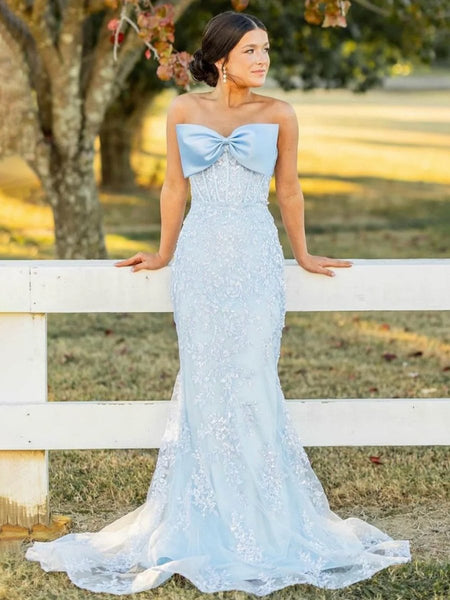 Strapless Mermaid Lace Appliques Long Prom Dress with Bow