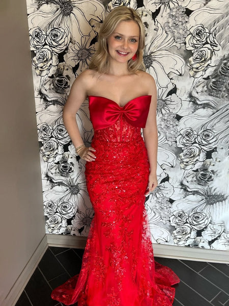 Strapless Mermaid Lace Appliques Long Prom Dress with Bow