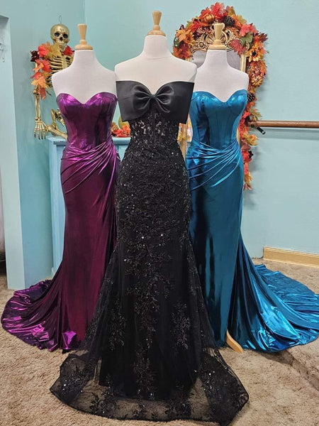 Strapless Mermaid Lace Appliques Long Prom Dress with Bow