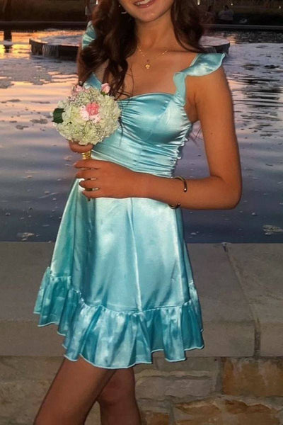 Ruffle Strap Aqua Ruffle Hem Short Dress
