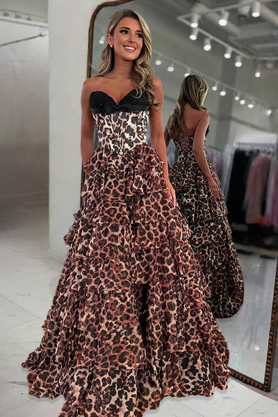 Leopard A Line Chiffon Sweetheart Corset Long Prom Dresses with Tiered Ruffles