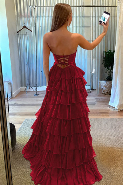 Fuchsia Sweetheart A Line Chiffon Ruffled Prom Dresses With Cutout