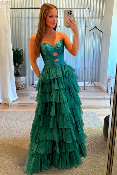 Fuchsia Sweetheart A Line Chiffon Ruffled Prom Dresses With Cutout