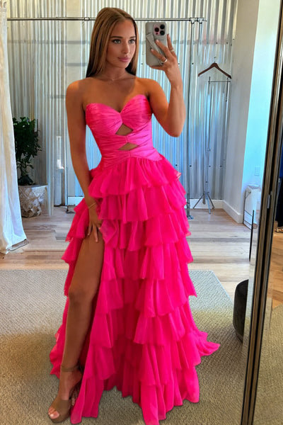 Fuchsia Sweetheart A Line Chiffon Ruffled Prom Dresses With Cutout