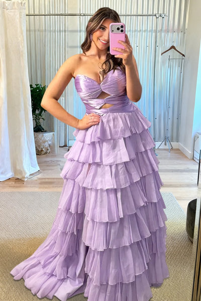 Fuchsia Sweetheart A Line Chiffon Ruffled Prom Dresses With Cutout