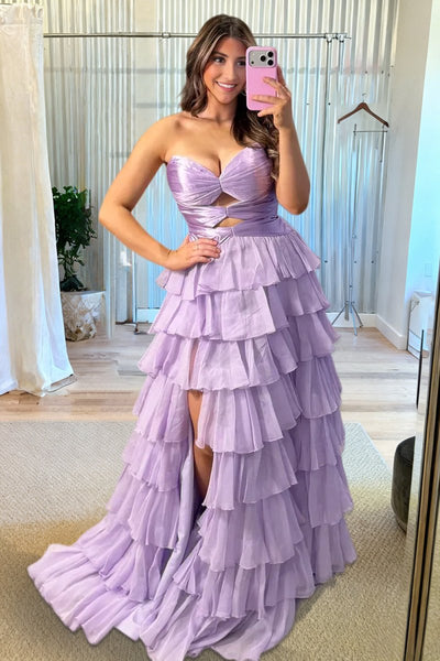 Fuchsia Sweetheart A Line Chiffon Ruffled Prom Dresses With Cutout