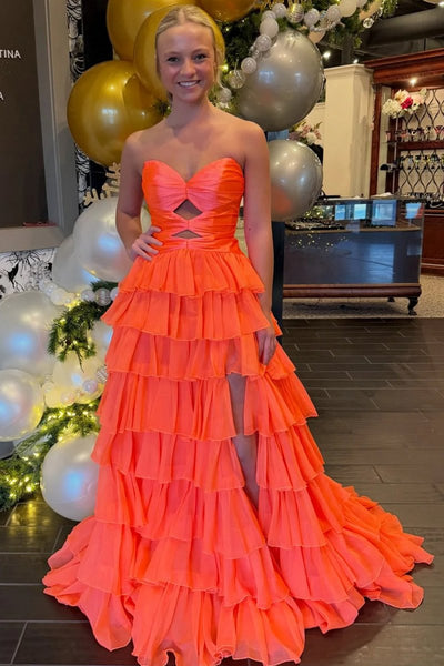 Fuchsia Sweetheart A Line Chiffon Ruffled Prom Dresses With Cutout