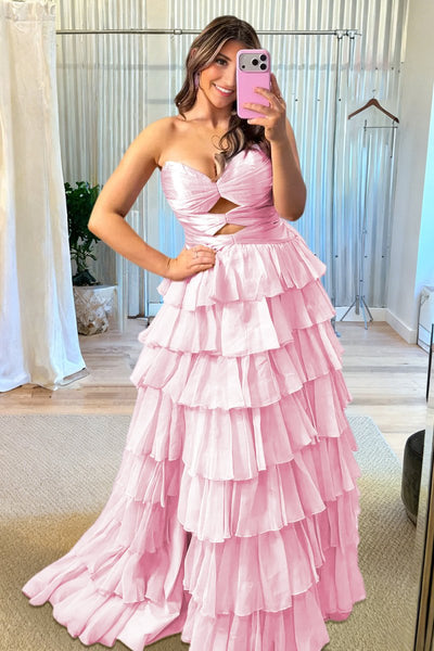 Fuchsia Sweetheart A Line Chiffon Ruffled Prom Dresses With Cutout