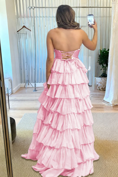 Fuchsia Sweetheart A Line Chiffon Ruffled Prom Dresses With Cutout