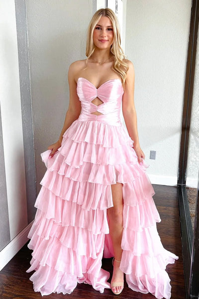 Fuchsia Sweetheart A Line Chiffon Ruffled Prom Dresses With Cutout