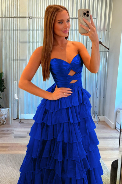 Fuchsia Sweetheart A Line Chiffon Ruffled Prom Dresses With Cutout