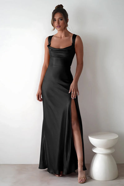 Red A-Line Square Neck Satin Long Prom Dresses with Slit