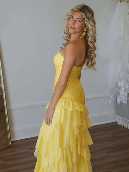 Cute Sweetheart Yellow Ruffle Chiffon Prom Dress with Slit