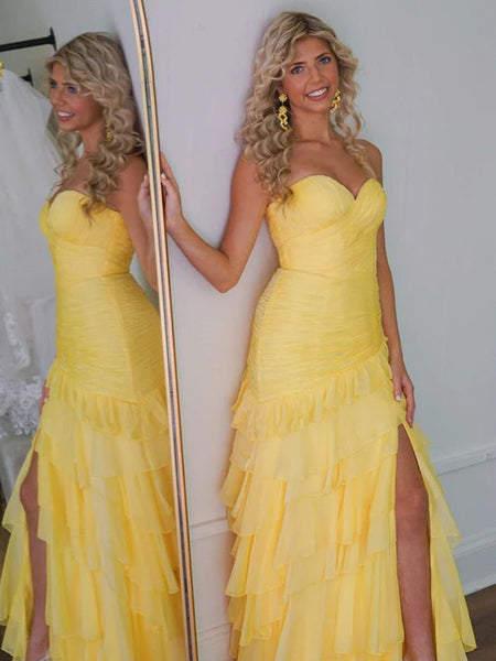 Cute Sweetheart Yellow Ruffle Chiffon Prom Dress with Slit