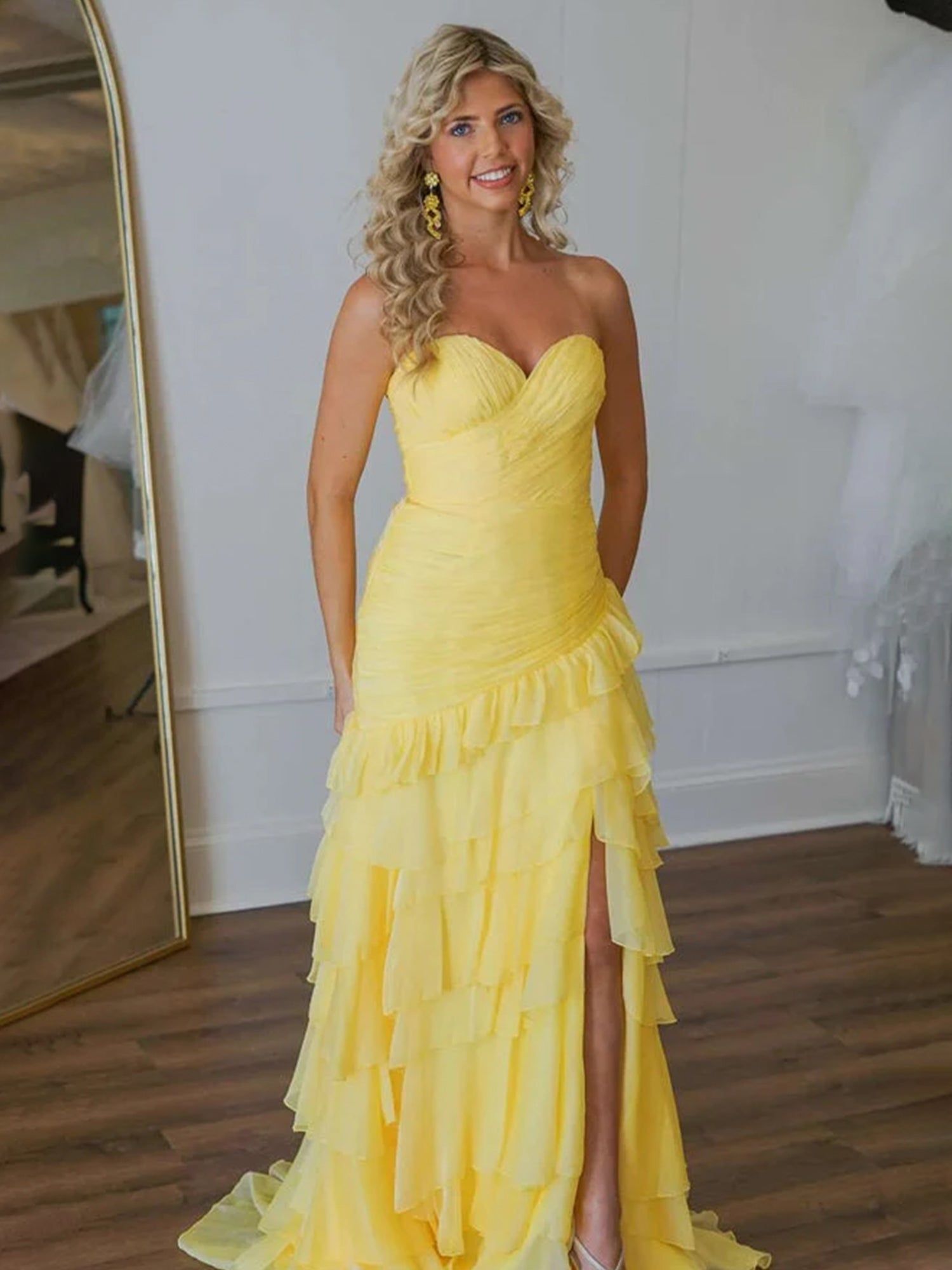 Cute Sweetheart Yellow Ruffle Chiffon Prom Dress with Slit