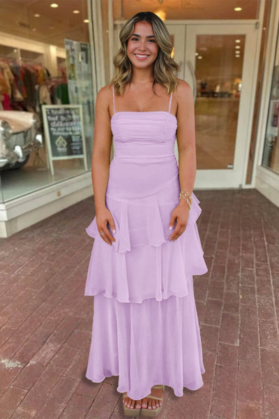 Yellow Spaghetti Straps Sheath Chiffon Pleated Formal Prom Dresses With Ruffles