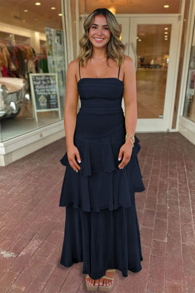 Yellow Spaghetti Straps Sheath Chiffon Pleated Formal Prom Dresses With Ruffles