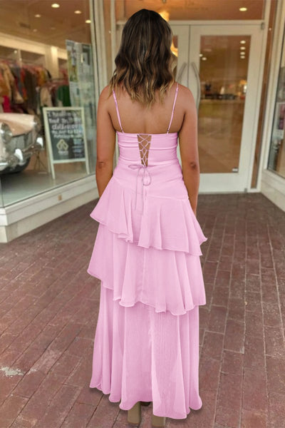 Yellow Spaghetti Straps Sheath Chiffon Pleated Formal Prom Dresses With Ruffles
