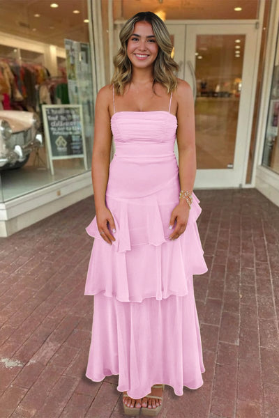 Yellow Spaghetti Straps Sheath Chiffon Pleated Formal Prom Dresses With Ruffles
