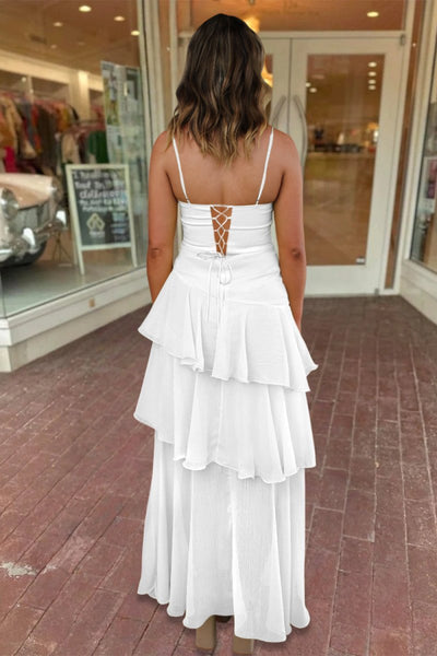Yellow Spaghetti Straps Sheath Chiffon Pleated Formal Prom Dresses With Ruffles