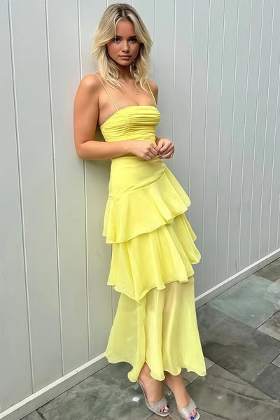 Yellow Spaghetti Straps Sheath Chiffon Pleated Formal Prom Dresses With Ruffles