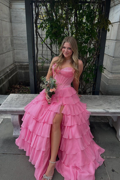 Appliques Neck Ice Blue Tiered Long Dress with Slit