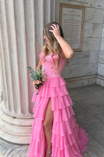 Appliques Neck Ice Blue Tiered Long Dress with Slit