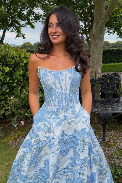 A Line Scoop Neck Blue Jacquard Satin Long Prom Dresses VK26080909