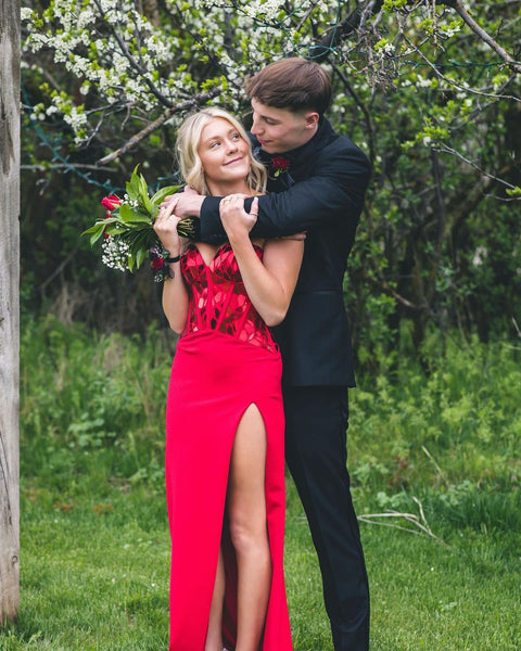 Sparkly Mermaid Sweetheart Red Satin Long Prom Dresses with Beading VK2306074