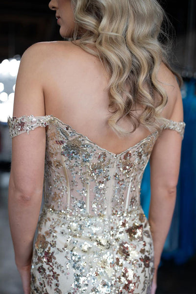 Gold Off the Shoulder Sequins Lace Mermaid Prom Dresses with Slit VK24031303