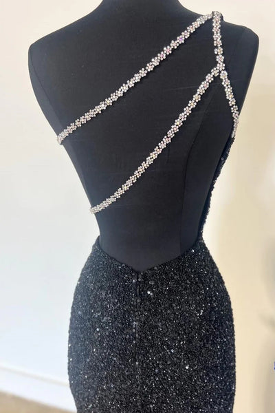 One-Shoulder Sequin Rhinestone Keyhole Long Dress with Slit VK23120802