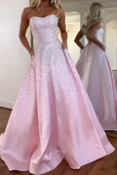 A-Line Strapless Pink Beads Long Prom Dresses with Slit VK26020102