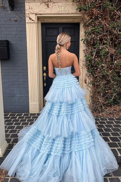 Blue Strapless Ruffle Tiered Tulle Long Prom Dresses with Appliques VK24051705