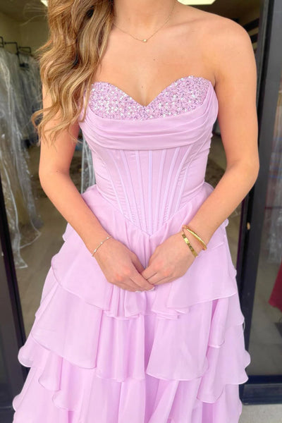 A Line Sweetheart Pink Chiffon Tiered Prom Dress with Beading VK162704