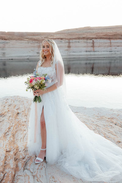 Ball Gown Square Neck Tulle Long Wedding Dress with Appliques VK25060703