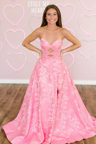 Cute A Line Sweetheart Pink Jacquard Satin Long Prom Dress with Slit VK25112301