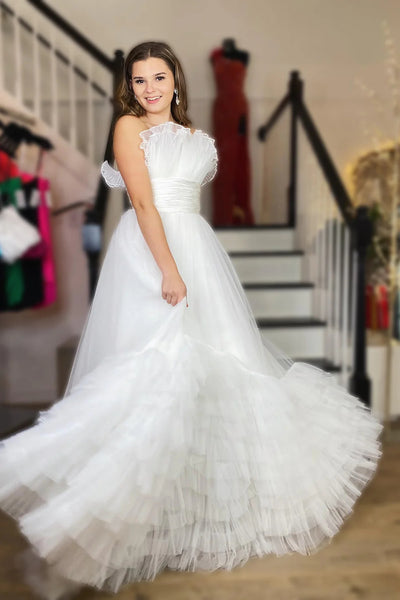 White Tulle Strapless Tiered Long Prom Dresses VK23091002
