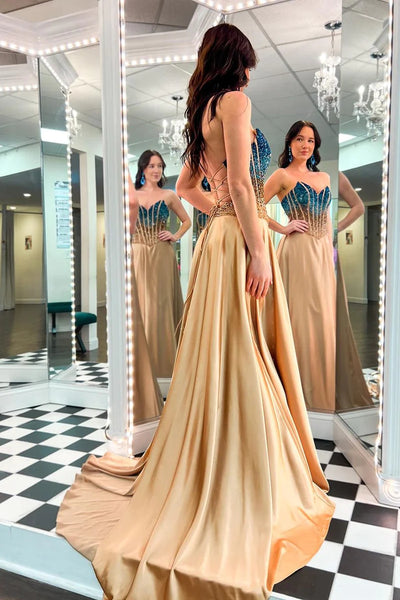 A-Line Strapless Gold Long Prom Dresses with Beadings VK24013102