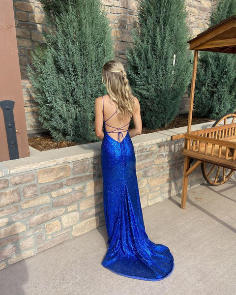 Cute Mermaid Scoop Neck Royal Blue Sequins Long Prom Dresses with Slit VK23050808