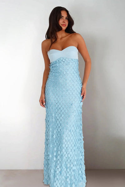 Sheath Strapless Light Blue Satin Sequins Long Prom Dresses VK26010507