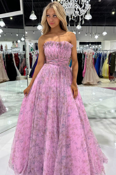 Lilac Print Strapless Ruffle A-Line Long Prom Dress VK23102607