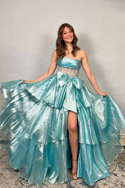 Cute A Line Strapless Mint Organza Long Prom Dress with Bow VK25012605