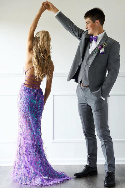 Purple Sequins V Neck Mermaid Long Prom Dresses with Feather VK24060201