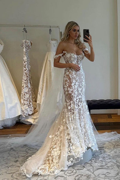 Charming Mermaid Sweetheart See Through Ivory Lace Wedding Dresses VK23081008