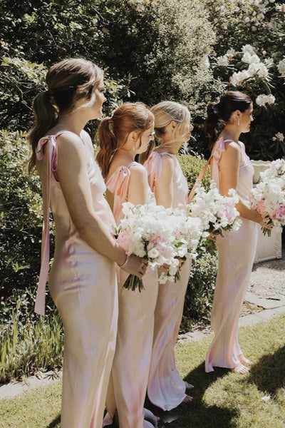 Cute Mermaid Pink Satin Long Bridesmaid Dresses with Bow VK24052601