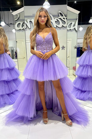 Lilac Tulle V Neck High Low Prom Dresses with Appliques VK24010303