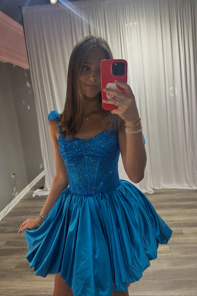 Sparkly A Line V Neck Royal Blue Satin Short Homecoming Dress with Hot Fix VK26070702