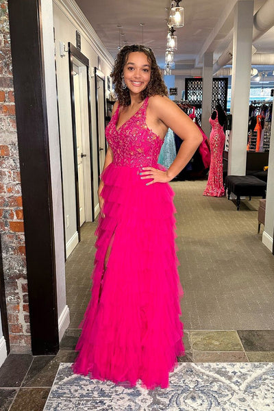 Fuchsia V Neck Ruffle Tiered Tulle Long Prom Dress with Appliques VK24050401
