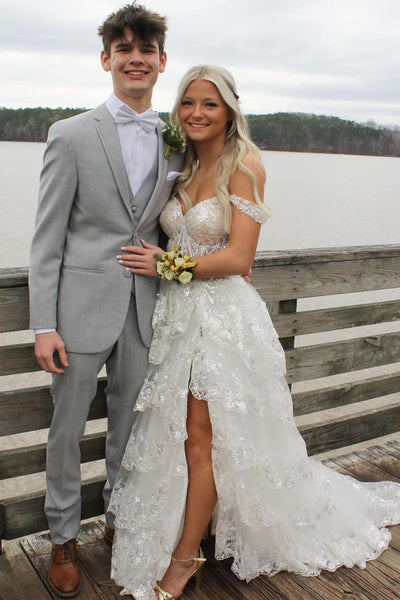 White Off the Shoulder Ruffle Tiered Tulle Long Prom Dresses with Slit VK24032801