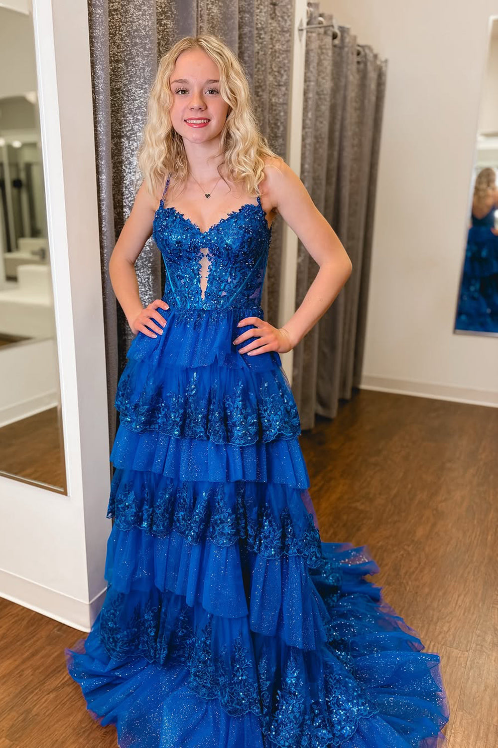 A-Line Sweetheart Royal Blue Ruffle Tiered Long Prom Dresses with Appl Vickidress A-Line Sweetheart Royal Blue Ruffle Tiered Long Prom Dresses with Appl Vickidress